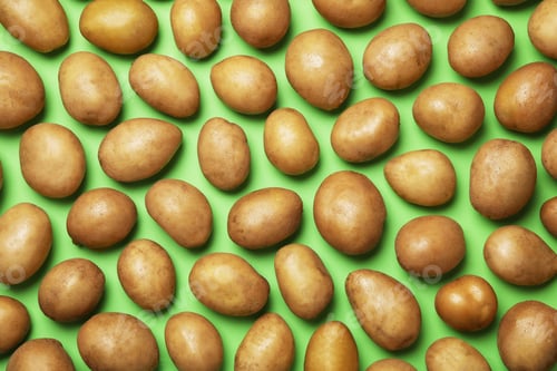 Preview: Raw fresh organic potatoes on green background, flat lay