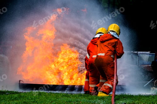 Preview: Firefighter Concept. Fireman using water and extinguisher to fighting with fire flame.