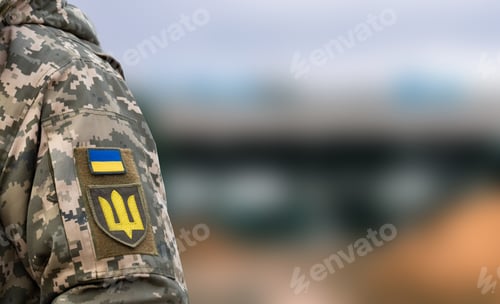 Preview: Ukrainian soldier. Flag, coat of arms trident on a military uniform. Armed Forces of Ukraine. AFU