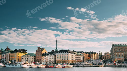 Preview: Stockholm, Sweden. Scenic Famous View Of Embankment In Old Town Of Stockholm At Summer. Gamla Stan