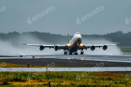 Preview: Jet airliner is taking off from a runway in the rain