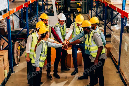 Preview: Professional warehouse worker team celebrating success in warehouse factory
