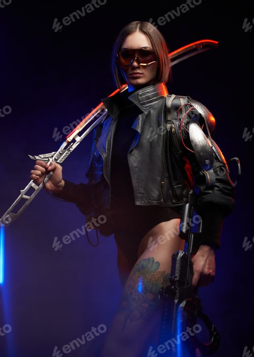 Preview: Sexy female killer with nude and tattooed leg in dark background