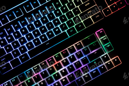 Preview: top view of illuminated RGB keyboard in the dark