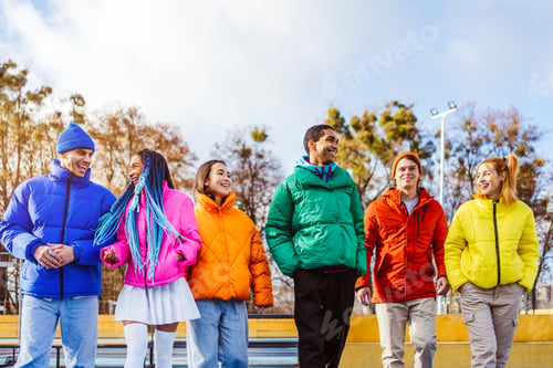 Preview: Multiracial group of young friends meeting outdoors in winter