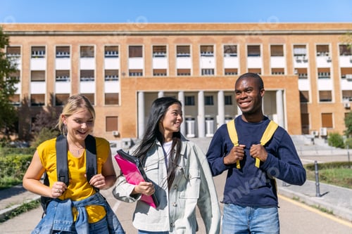 Preview: Multiethnic university students walking and talking on campus