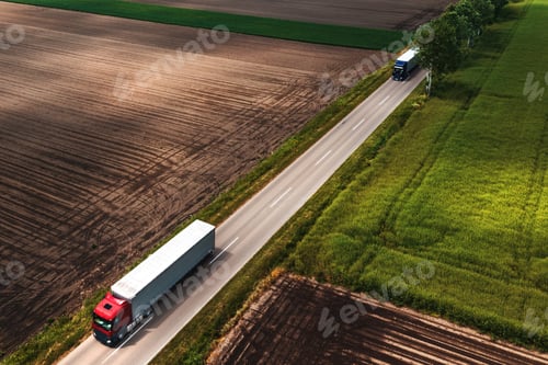 Preview: Two large semi-trucks on countryside road seen from drone pov, aerial shot