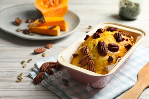Preview: Delicious pumpkin bread with pecan nuts on light wooden table