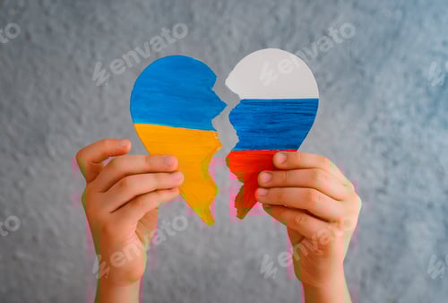 Preview: broken heart colors flag Ukraine Russia children hands. concept ending war Ukraine reconciliation