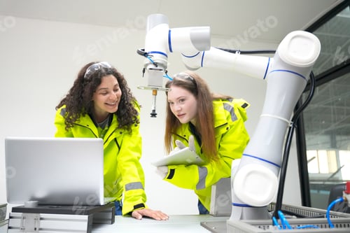 Preview: Women engaged in robotics discussion in modern workspace during daytime