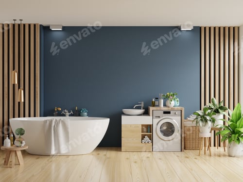 Preview: Bathroom interior with white bathtub on dark blue wall.