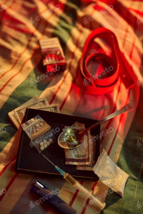 Preview: Drug addicts set, syringe, cigarettes and money