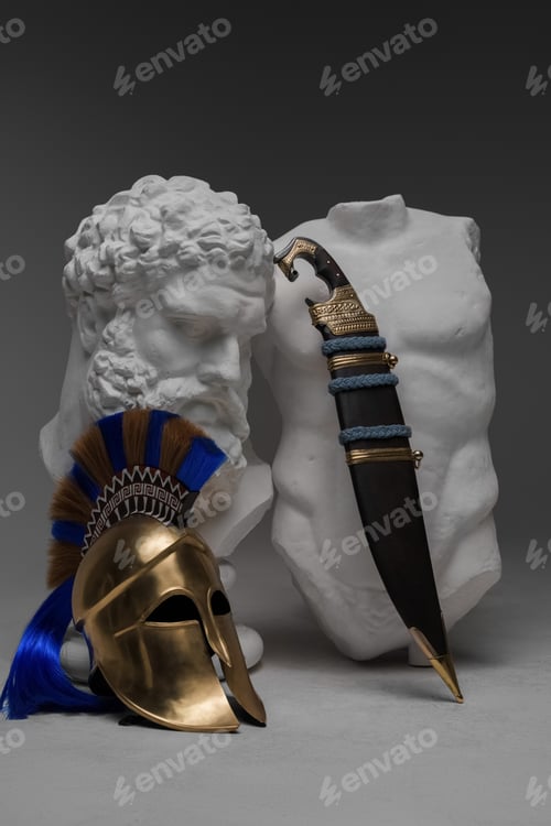 Preview: Greek marble sculpture with dagger and plumed helmet