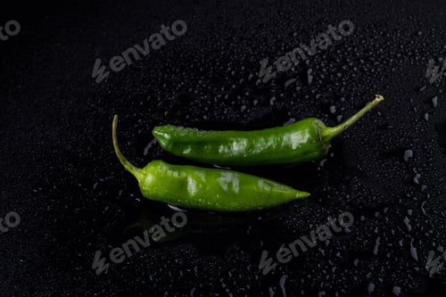 Preview: Vivid peppers on wet surface.