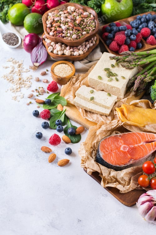 Preview: Selection assortment of healthy balanced food for heart, diet
