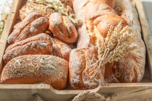 Preview: Rustic baguettes for healthy breakfast. Baguettes from the bakery.
