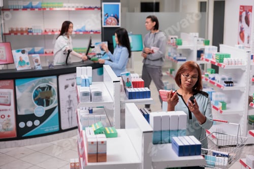 Preview: Elderly woman analyzing boxes and bottles