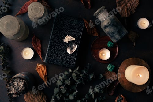 Preview: Witchcraft still life concept with potion, spell book, herbs ingredients and magical equipment