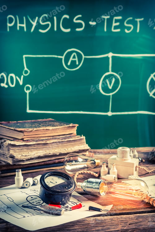 Preview: Vintage physics laboratory in old school with electrical diagram