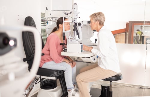 Preview: Woman optometrist testing eyesight on a machine with patient consult in hospital eye clinic. Health