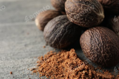 Preview: Concept of spices and condiments, nutmegs, space for text