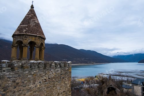 Preview: Ananuri castle complex with the church and the Aragvi River in Georgia.