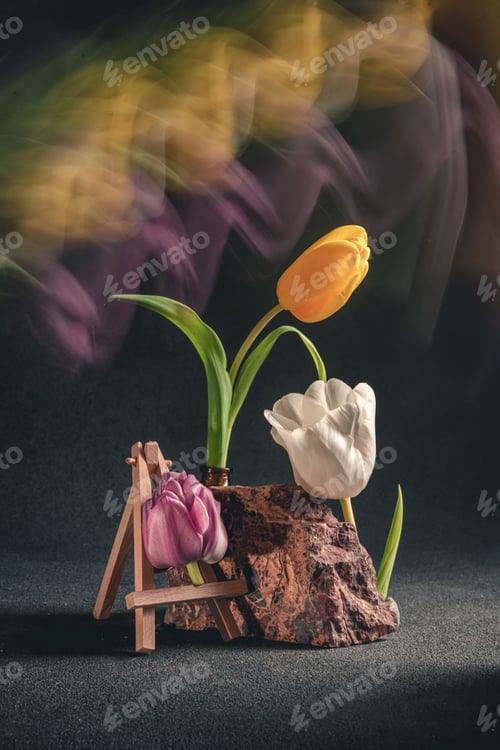 Preview: concept spring. freakebana. three multi-colored tulips. motion blur