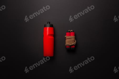 Preview: flat lay with red sport bottle and jump rope isolated on black, minimalistic concept
