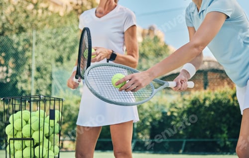 Preview: Tennis training, women with racket and ball on outdoor turf for sport, instructor or coach with fit