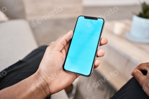 Preview: Mockup, phone blue screen or black man hands for communication, networking or advertising and marke