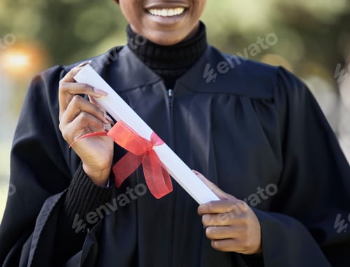 Preview: University graduation, diploma and hands of black woman with award for studying achievement. Closeu