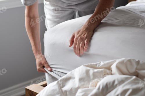Preview: Woman’s hands putting on fitted bed sheet on a mattress while changing bed sheets