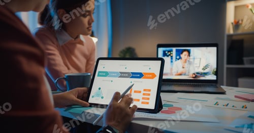 Preview: Asia businesswomen using laptop talk to colleagues about plan in video call meeting.