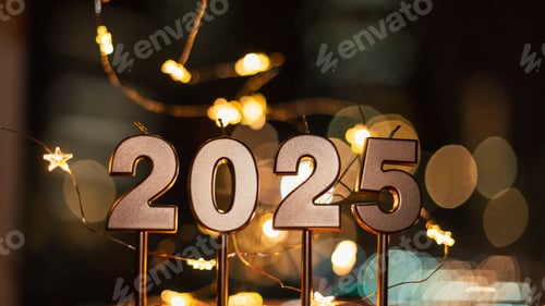 Preview: Happy new year 2025 with festive lights at night. Golden candles 2025 with bokeh stars lights