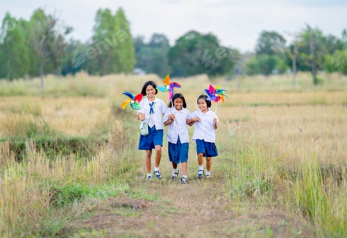 Preview: Three little Asian girls hold small windmill and look fun to run together in walkway of rice field.