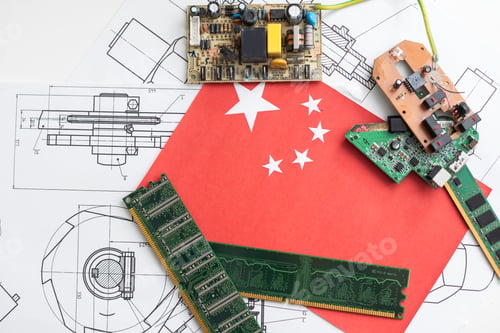 Preview: tech icon computer circuit chip. Illustration China micro processor CPU is in a flat style. Text