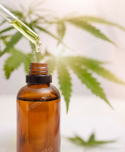 Preview: cbd oil, hemp and cannabis leaf and dropper bottle for stress, healthcare and holistic use. Marijua