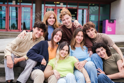 Preview: Group of young students gathered spending break times between classes at the university