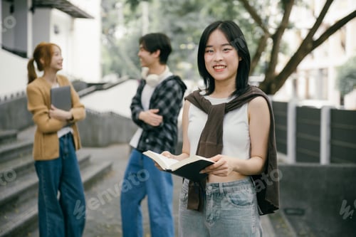 Preview: Smiling female student is holding a book while her friends chat in the background on campus, enjoyin