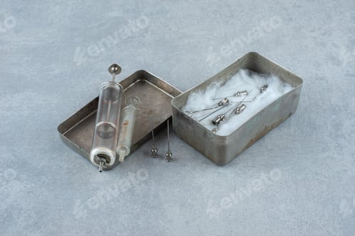Preview: The vintage medical syringe on white background