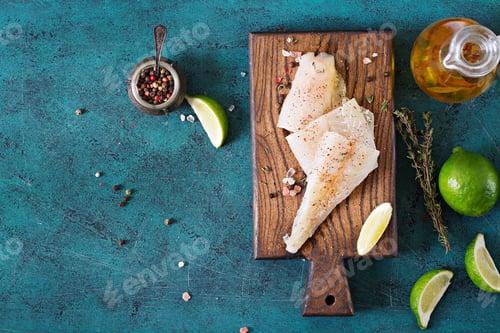 Preview: Fillet of white fish on a wooden board prepared for cooking. Flat lay. Top view
