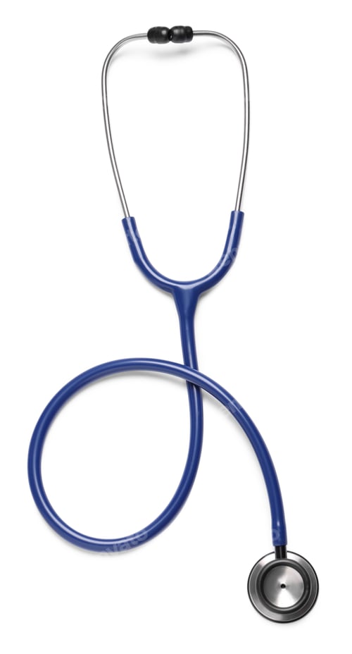 Modern stethoscope on white background, top view