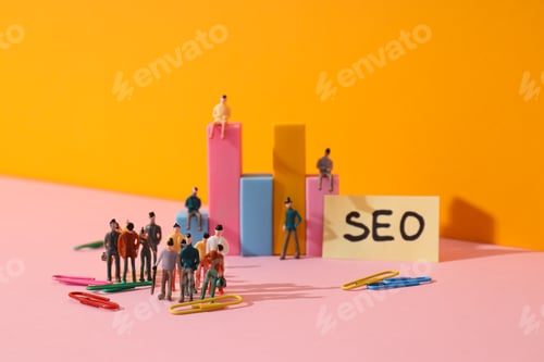 Preview: Diagram, paper with SEO letters, paper clips and people on yellow background
