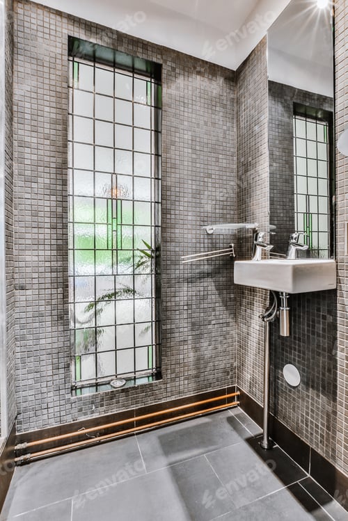 Preview: Modern bathroom with gray tiled walls