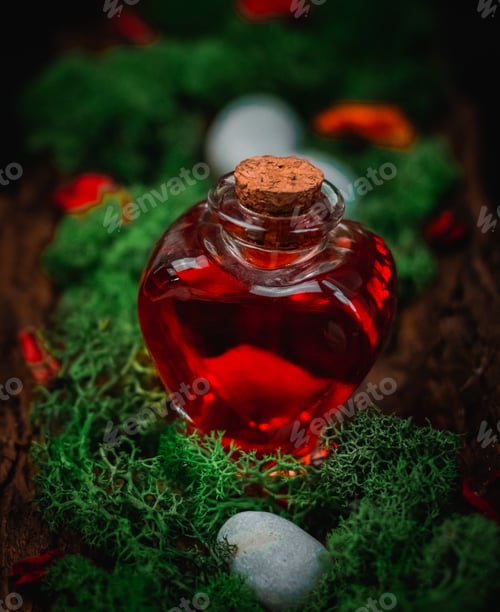 Preview: Red poison in a heart-shaped bottle lies in the bark of a tree with moss and stones on a black