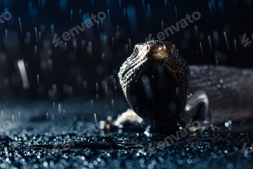 Preview: Black blue tongued lizard in wet dark shiny environement