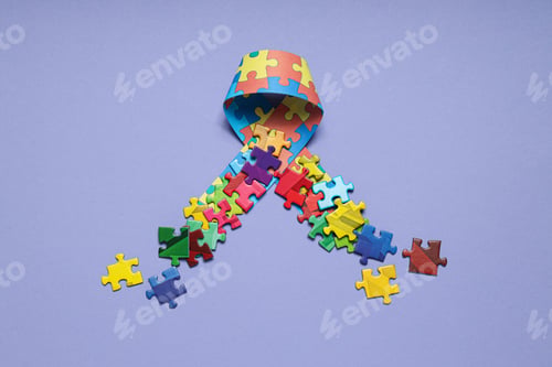 Preview: Ribbon with multi-colored puzzle pieces on a light background. World autism day concept