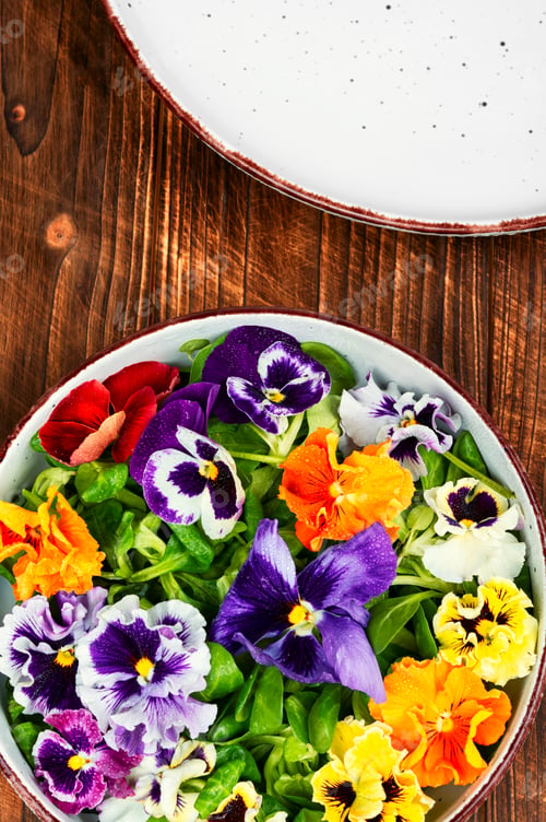 Preview: Vegetable salad with edible flowers.