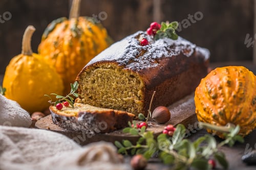 Preview: Delicious pumpkin cake on cutting board. Loaf of bread with pumpkins.