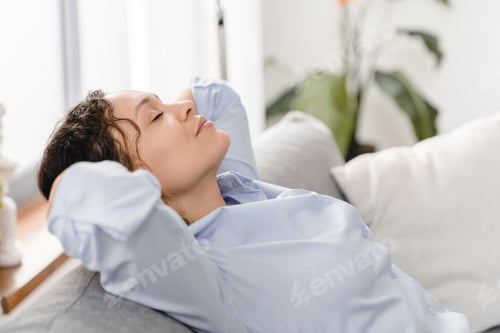 Preview: Relaxed mature caucasian businesswoman female freelancer distant worker having rest